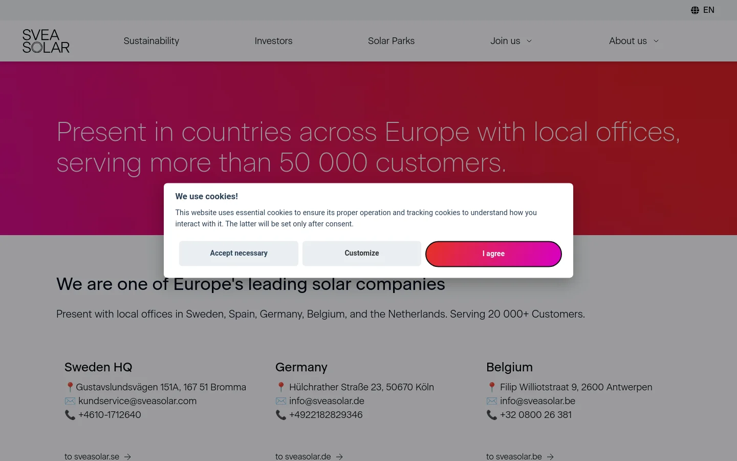 The desktop Contact Us page features a large red hero section with white text stating the company's European presence. Below, a white content area lists office contact details for Sweden HQ, Germany, and Belgium in a three-column grid layout. A cookie consent modal is overlaid in the center of the screen.