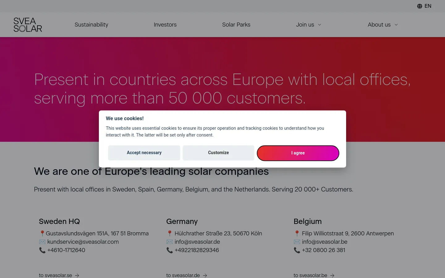 The desktop Contact Us page features a large red hero section with white text stating the company's European presence. Below, a white content area lists office contact details for Sweden HQ, Germany, and Belgium in a three-column grid layout. A cookie consent modal is overlaid in the center of the screen.