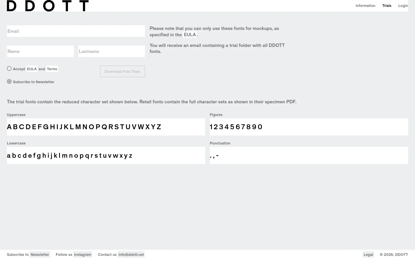 The desktop page features a minimalist design with a white background and black text. A form on the left includes fields for Email, Name, and Lastname, alongside checkboxes for EULA acceptance and newsletter subscription, and a 'Download Free Trials' button. Below the form, text explains font trial limitations, followed by large, black character set specimens for Uppercase, Figures, Lowercase, and Punctuation displayed in wide, horizontal blocks.