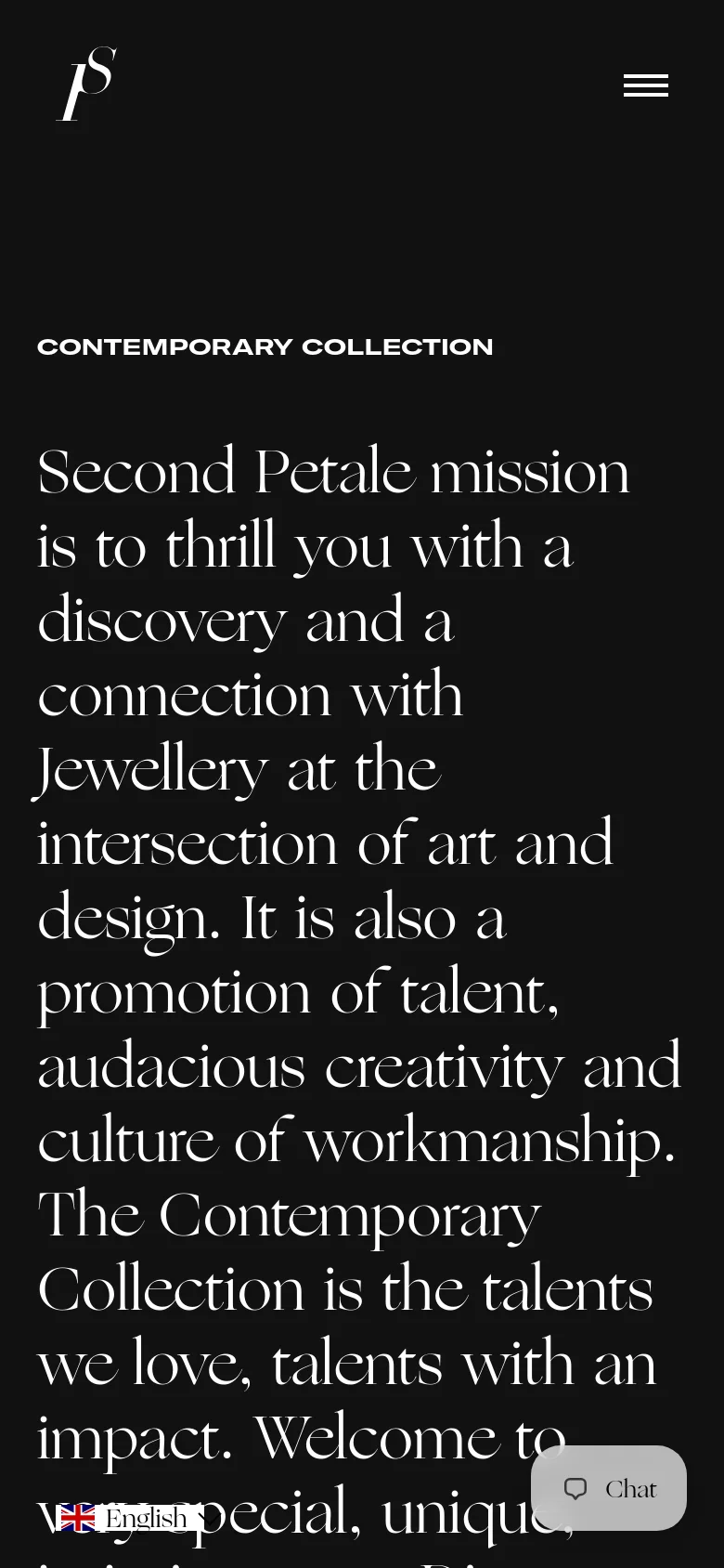 The mobile version maintains the dark aesthetic and large serif typography but uses a condensed single-column layout for the introductory text. The navigation is simplified into a hamburger menu icon, and the product grid transitions to a vertical stack to fit the narrower screen width.