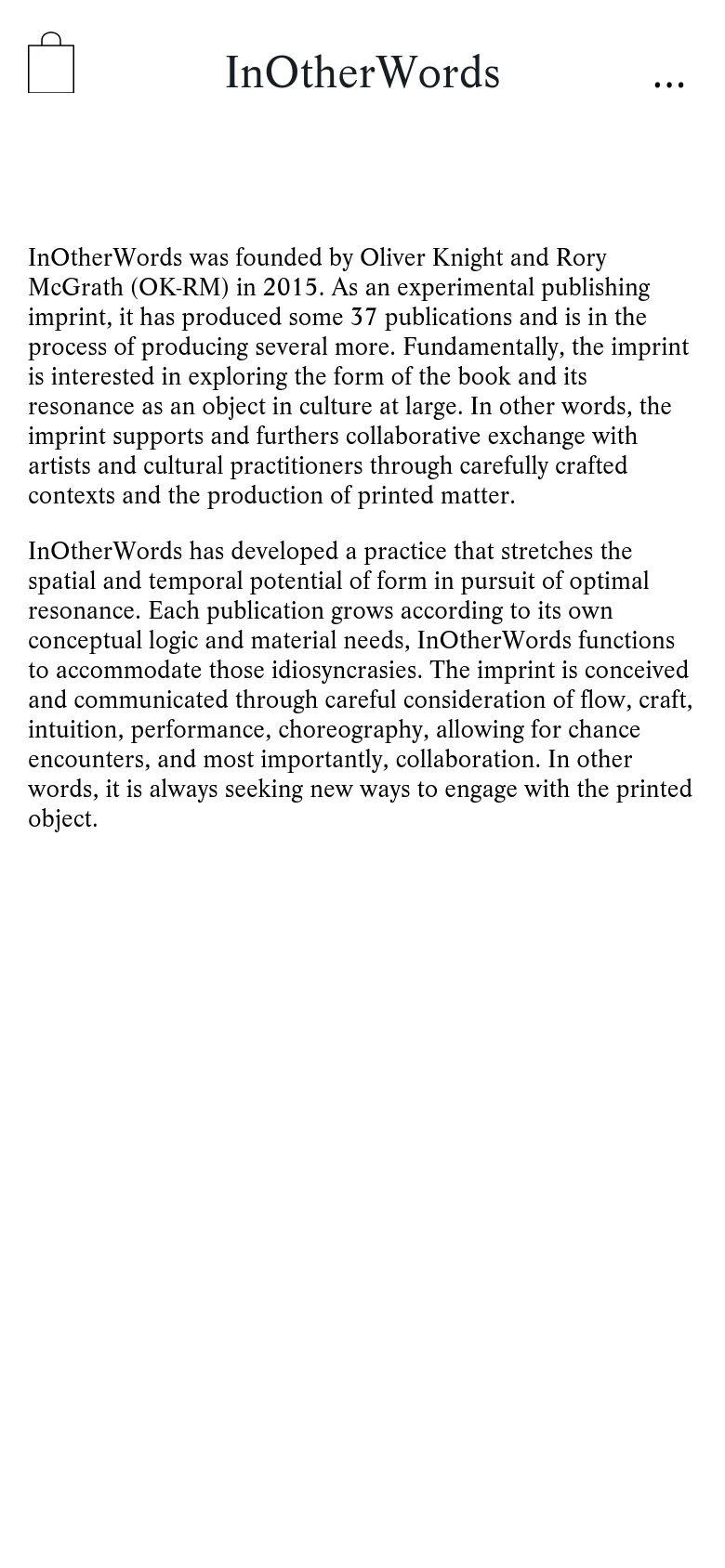 The mobile version maintains the minimalist aesthetic but uses a more vertical, single-column layout. The logo is centered, and the navigation links are condensed or moved to a simplified menu structure. The text remains the primary focus, spanning the width of the screen with ample white space for readability.