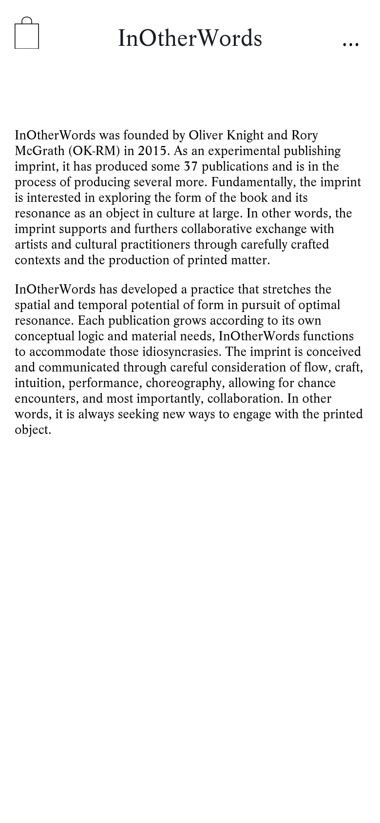 The mobile version maintains the minimalist aesthetic but uses a more vertical, single-column layout. The logo is centered, and the navigation links are condensed or moved to a simplified menu structure. The text remains the primary focus, spanning the width of the screen with ample white space for readability.