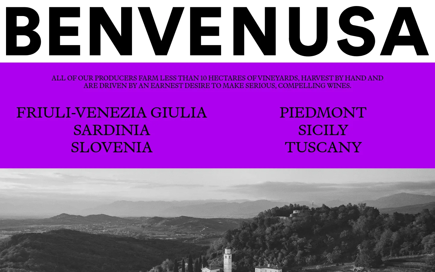 The homepage features a large black Benvenusa logo against a white background, followed by a bright purple section containing text about artisanal wine producers and a list of wine regions. Below this is a wide, black-and-white landscape photograph of rolling hills and vineyards with a historic building. The desktop layout uses a two-column grid for the region names.