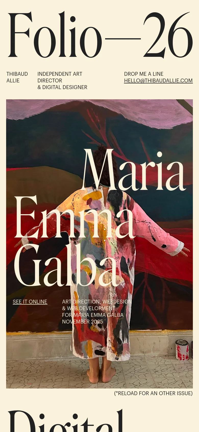 The mobile version maintains the cream background and large serif typography but stacks elements vertically. The 'Folio—26' title remains prominent at the top, followed by condensed contact information and a full-width featured project image that dominates the center of the screen.
