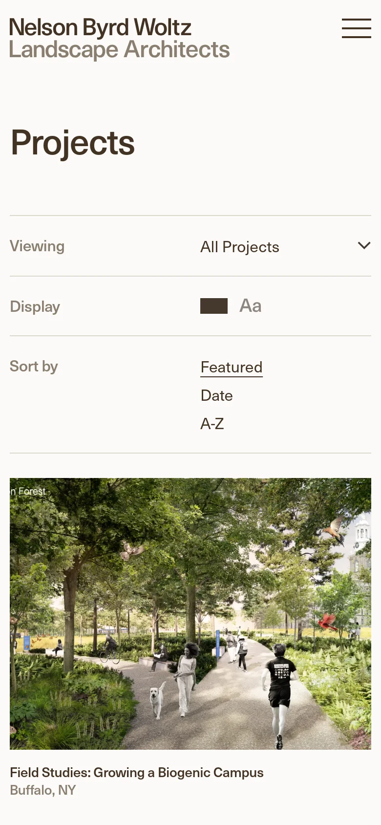 The mobile version features a simplified layout with a hamburger menu icon in the top right. The 'Projects' heading is prominent, followed by a vertical list of viewing options, display settings, and sorting links. A single large project image occupies the width of the screen below the navigation controls.