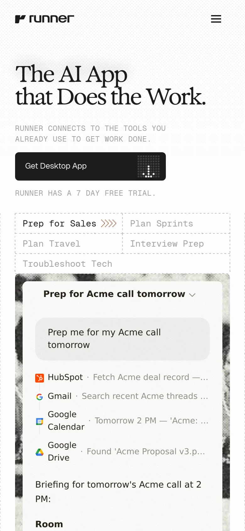 Runner mobile homepage with a stacked layout and large serif headlines. The interface shows a simplified hero section followed by a vertically reflowed UI card demonstrating AI workflow automation and app connectivity.