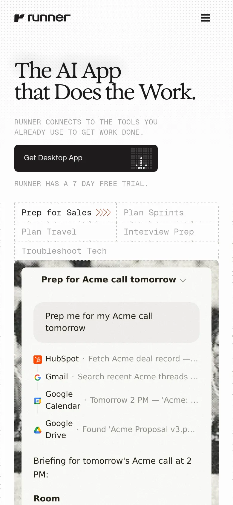 Runner mobile homepage with a stacked layout and large serif headlines. The interface shows a simplified hero section followed by a vertically reflowed UI card demonstrating AI workflow automation and app connectivity.