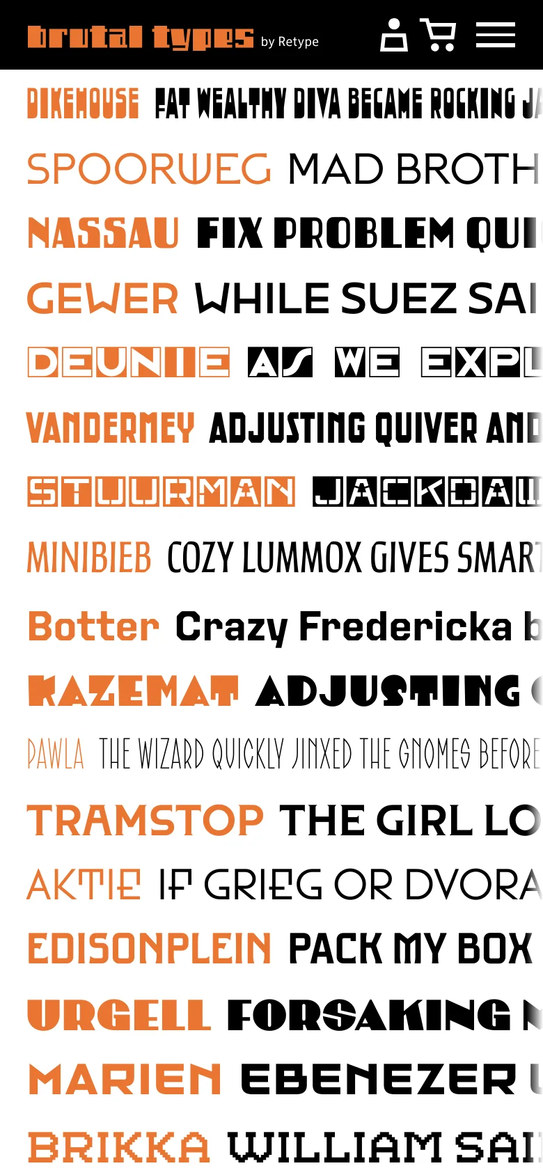 The mobile version maintains the black background and orange font names but uses a single-column layout for the font specimens. The header is condensed into a hamburger menu icon alongside user and cart icons, prioritizing vertical scrolling through the font list.