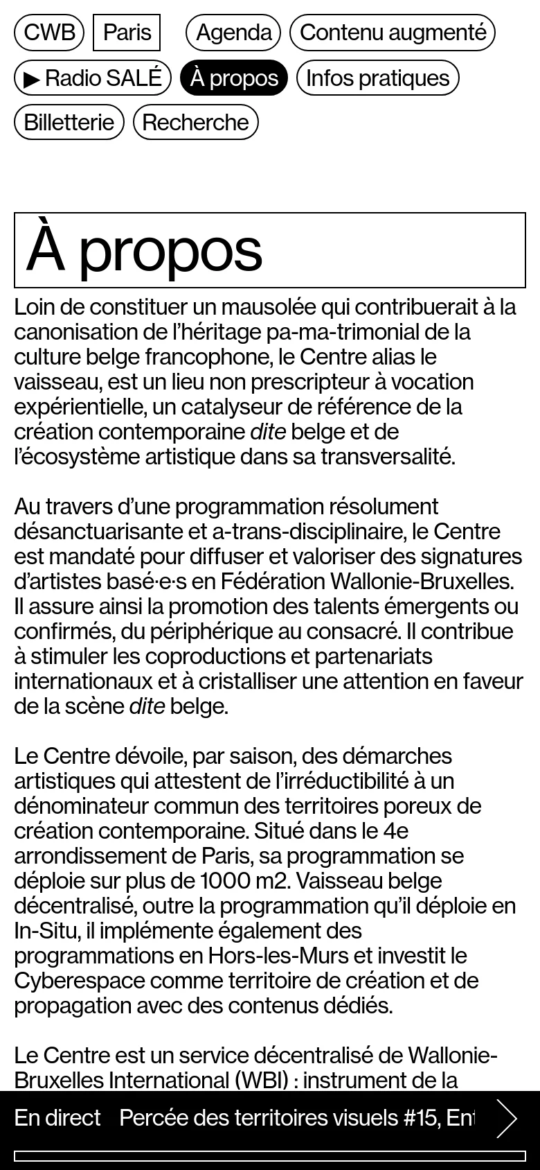 Centre Wallonie Bruxelles About Us mobile website screenshot