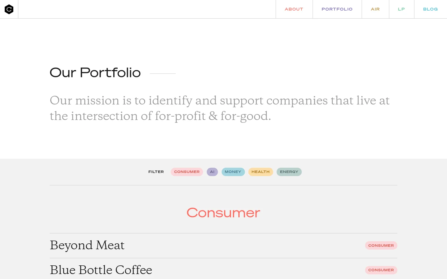 The desktop page features a minimalist white background with the headline 'Our Portfolio' and a mission statement in light grey text. Below, a horizontal filter bar allows users to sort by categories like Consumer, AI, Money, Health, and Energy. The portfolio list follows, displaying company names in large black text with pink category tags on the right.