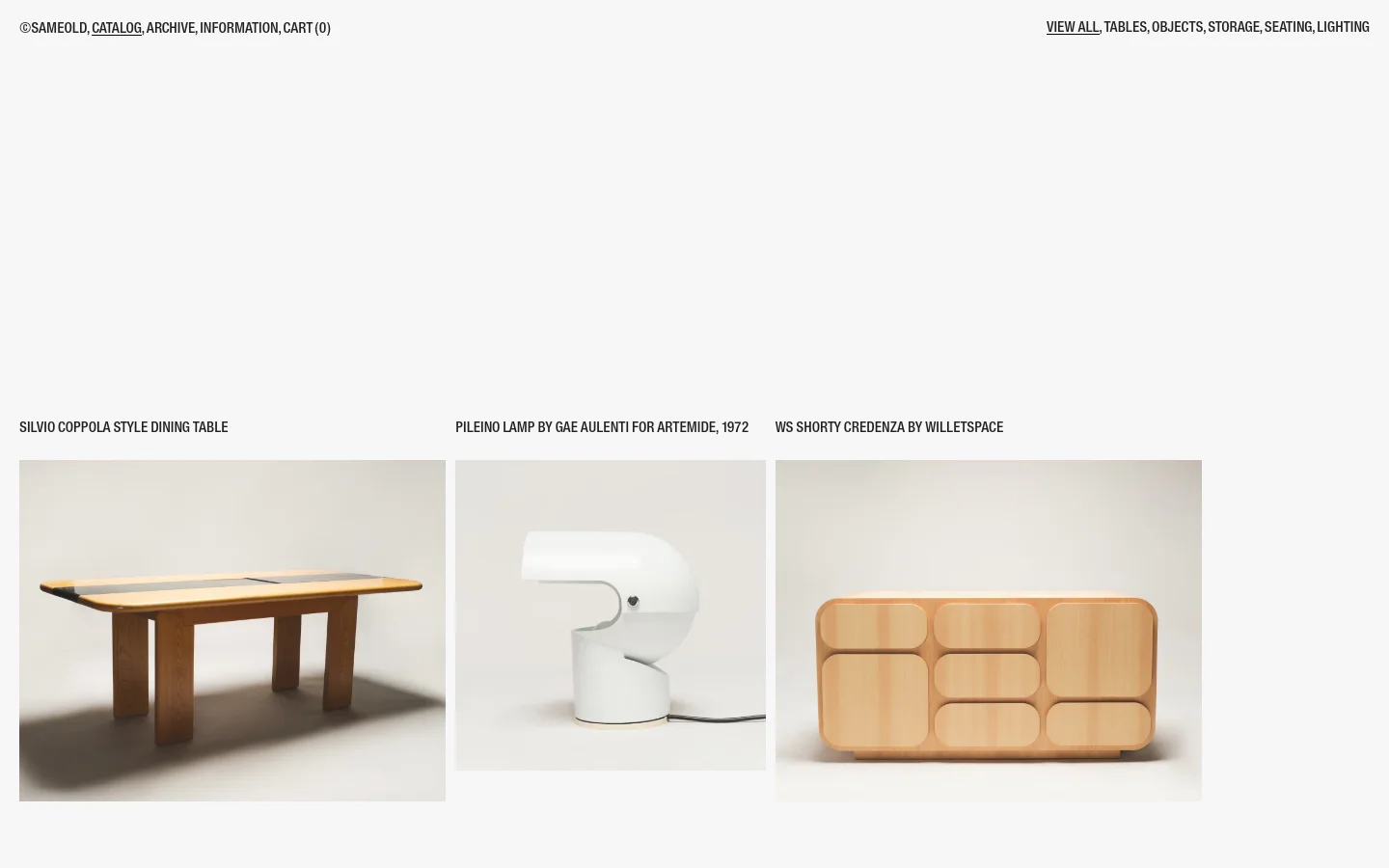 The desktop catalog page features a minimalist white layout with a top navigation bar containing links for Catalog, Archive, Information, and Cart. Below the header, a sub-menu allows filtering by categories like Tables, Objects, and Seating. The main content displays a grid of high-quality product images, such as a wooden dining table and a white Pileino lamp, each accompanied by its name and price in black text.