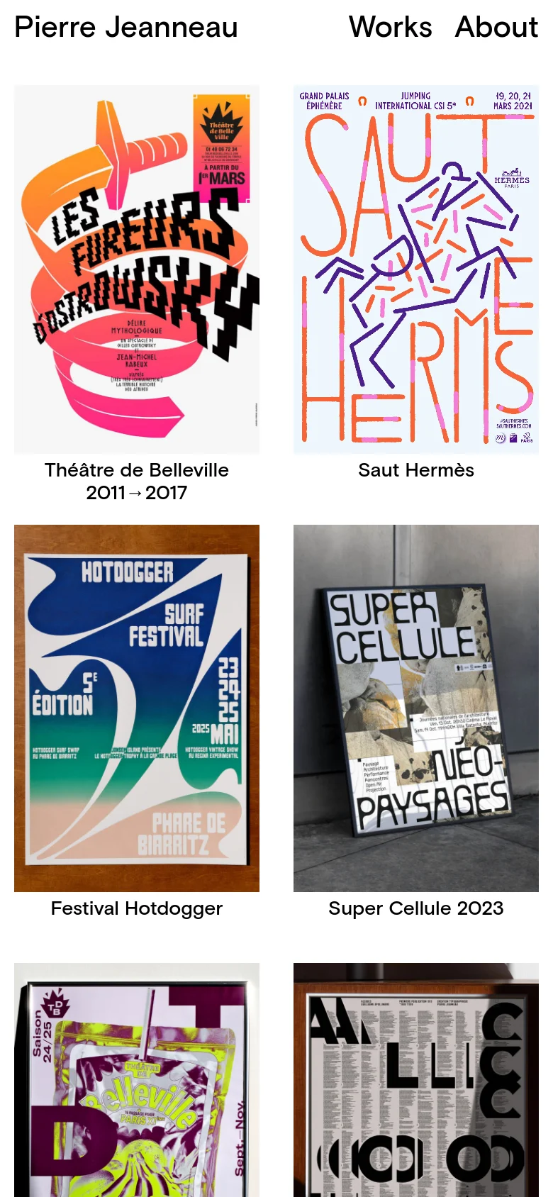 The mobile version maintains the minimalist white aesthetic but transitions the portfolio into a single-column vertical scroll. The navigation menu is simplified, and the project images and titles are stacked vertically to fit the narrow screen, ensuring the graphic design work remains the primary focus.