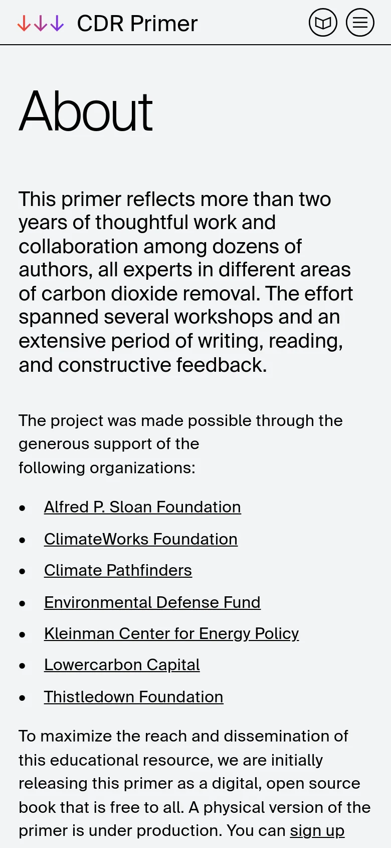 The mobile version maintains the minimalist white and black theme but uses a condensed layout. The top navigation is replaced by a hamburger menu icon and a book icon next to the CDR Primer logo. The text and bulleted list of organizations are stacked vertically to fit the narrower screen width.