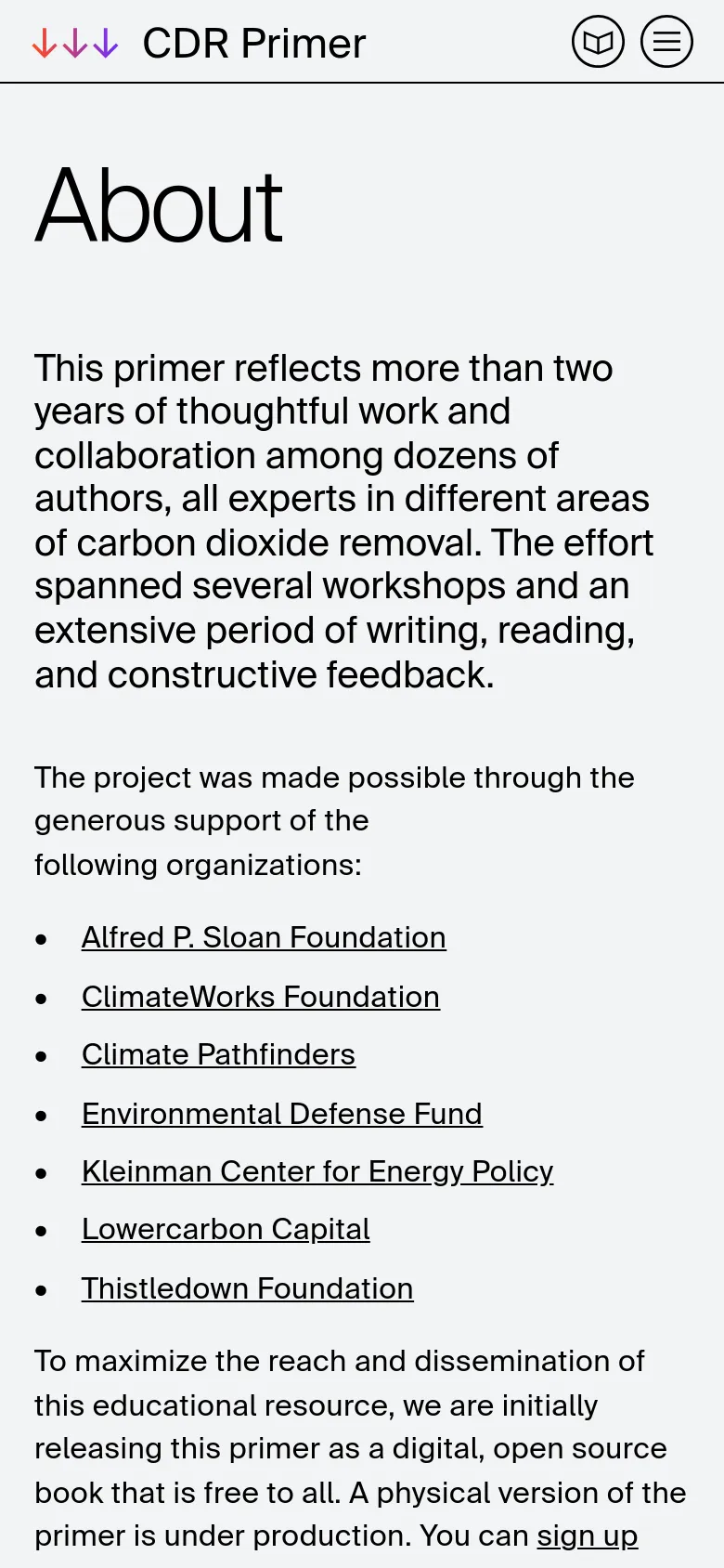 The mobile version maintains the minimalist white and black theme but uses a condensed layout. The top navigation is replaced by a hamburger menu icon and a book icon next to the CDR Primer logo. The text and bulleted list of organizations are stacked vertically to fit the narrower screen width.