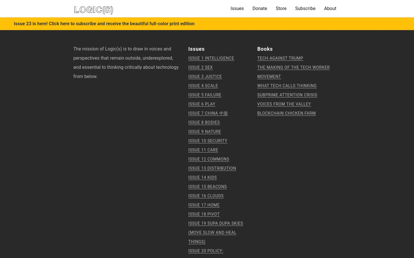 The desktop version of the Subscribe page features a dark gray background with white and yellow text. A yellow announcement bar at the top highlights the latest issue, followed by a navigation menu and a multi-column layout listing subscription options under 'Individual' and 'Institutional' headings. The layout uses clean typography with links for print and digital plans.