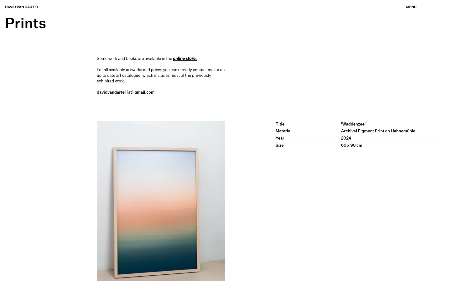 The desktop page features a clean, minimalist white layout with the headline 'Prints' in large black text. Below the introductory text and contact email, a large vertical photograph shows a framed abstract landscape print with soft gradients of blue, orange, and teal. To the right of the image, a simple table lists the artwork's title, material, year, and size.