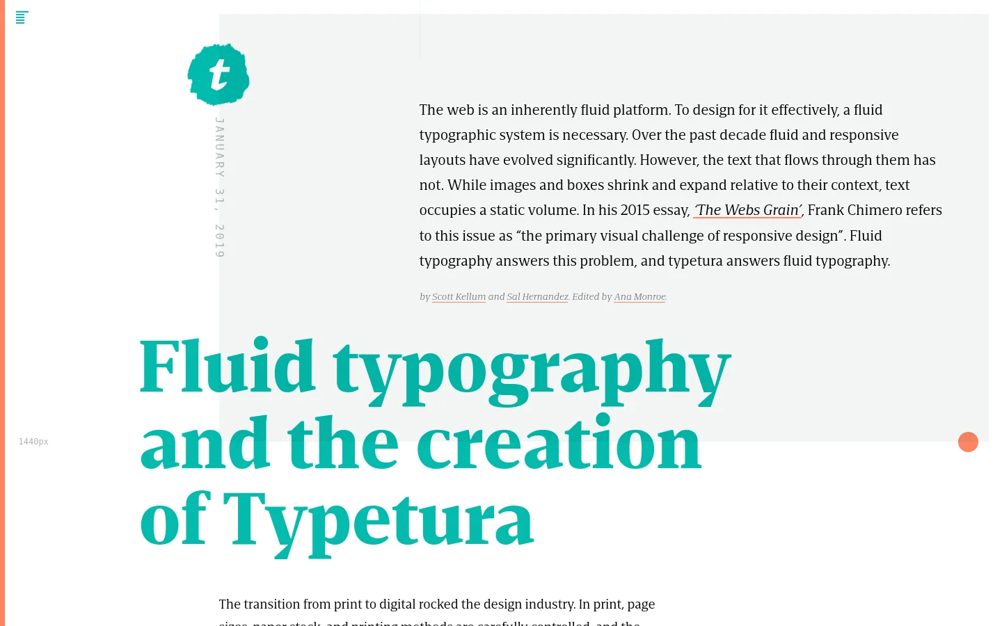 Desktop view of a minimalist webpage with a large teal headline reading 'Fluid typography and the creation of Typetura'. The layout features a white background with a large, light-grey rectangular block containing introductory text and a teal 't' logo positioned vertically on the left side.