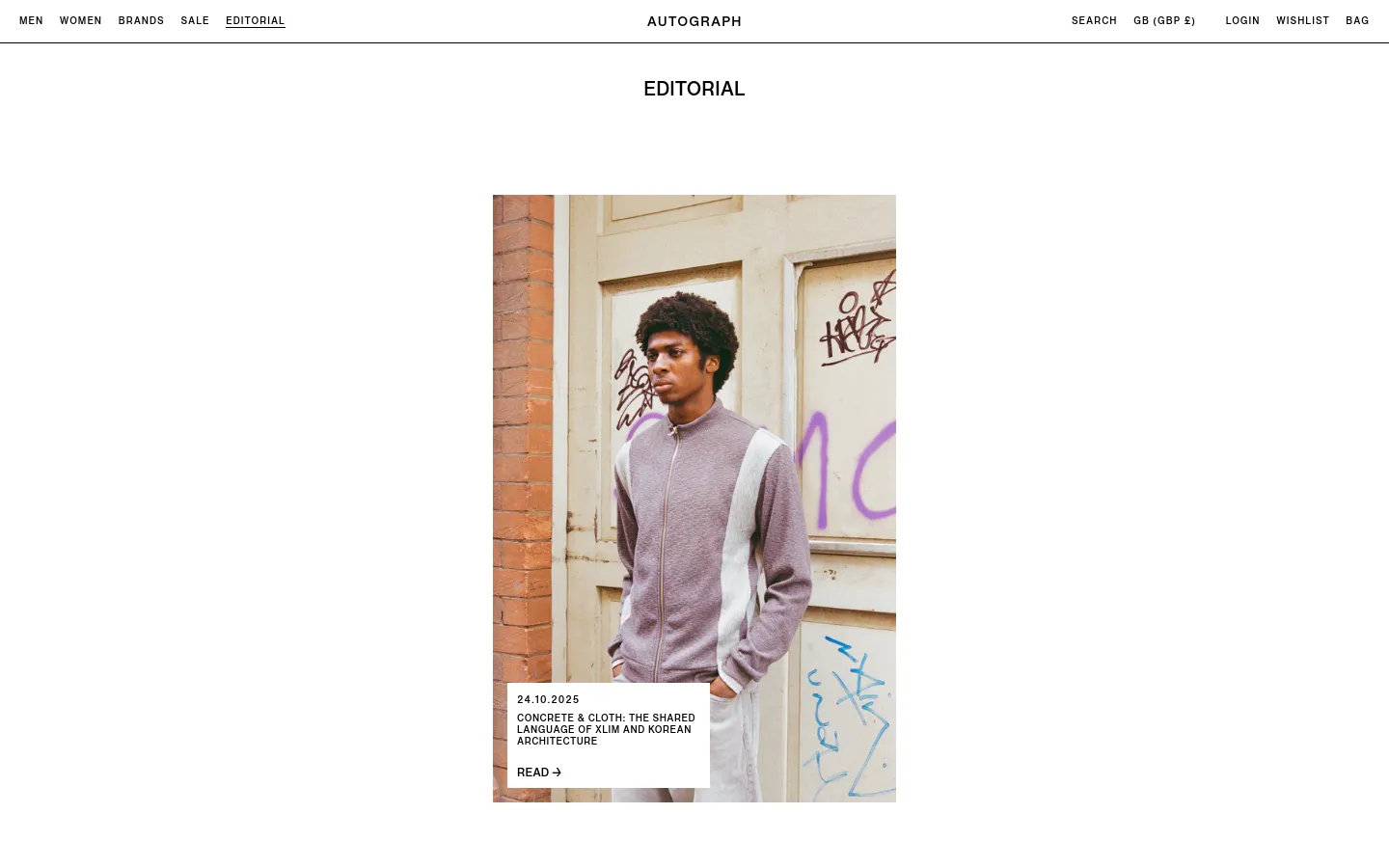 The desktop Editorial page features a minimalist white layout with a large hero image of a man in a textured zip-up sweater leaning against a graffiti-covered door. A white text box overlaying the bottom left of the image contains the date '24.10.2025', the article title 'Concrete & Cloth: The Shared Language of XLIM and Korean Architecture', and a 'Read' call to action. The top navigation bar includes links for Men, Women, Brands, Sale, and Editorial, alongside search and account options.