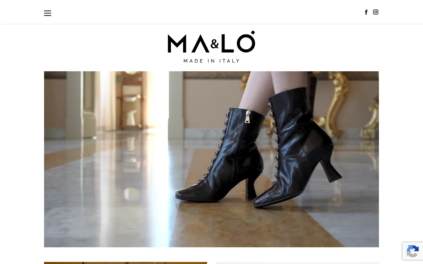 The desktop homepage features a minimalist white background with the black 'MA&LO MADE IN ITALY' logo centered at the top. A large hero image displays a pair of black, high-heeled lace-up boots on a polished marble floor, with a navigation menu and social media icons at the top. The layout is spacious and elegant, emphasizing high-end Italian footwear.