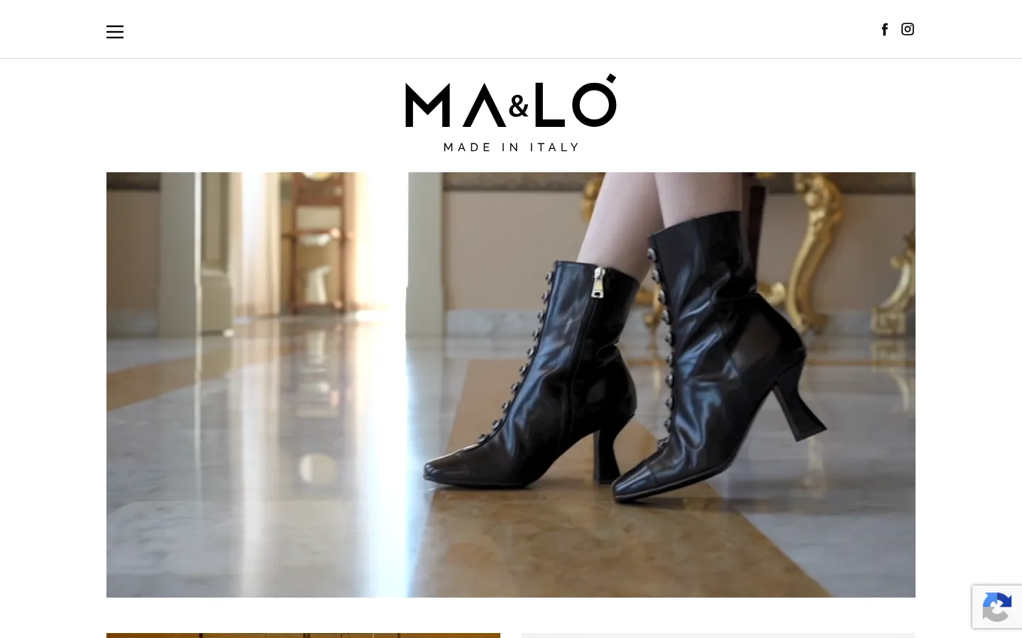 The desktop homepage features a minimalist white background with the black 'MA&LO MADE IN ITALY' logo centered at the top. A large hero image displays a pair of black, high-heeled lace-up boots on a polished marble floor, with a navigation menu and social media icons at the top. The layout is spacious and elegant, emphasizing high-end Italian footwear.