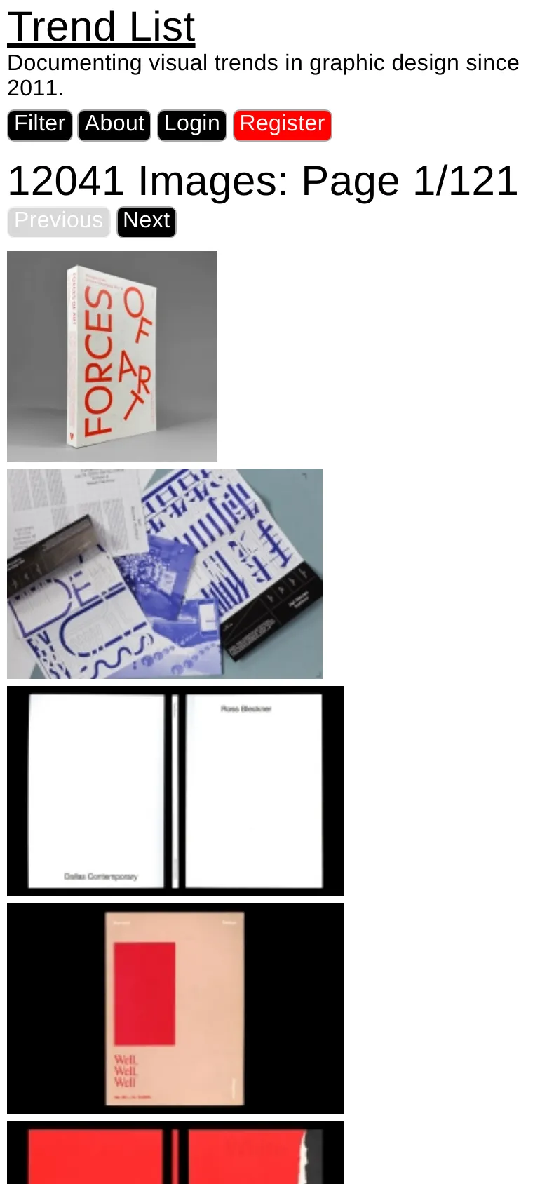 The mobile version presents a simplified vertical layout with the Trend List title and description at the top, followed by navigation buttons. The image grid is rearranged into a single-column view, focusing on large, individual graphic design previews, and the sidebar elements are moved below the main content.