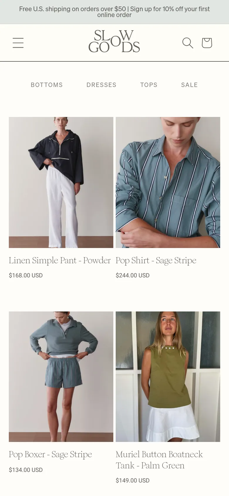 The mobile version presents a simplified layout with a hamburger menu icon and a search icon in the header. The product grid transitions to a two-column layout, showing larger images of items like the Linen Simple Pant and Pop Shirt to accommodate the smaller screen width.