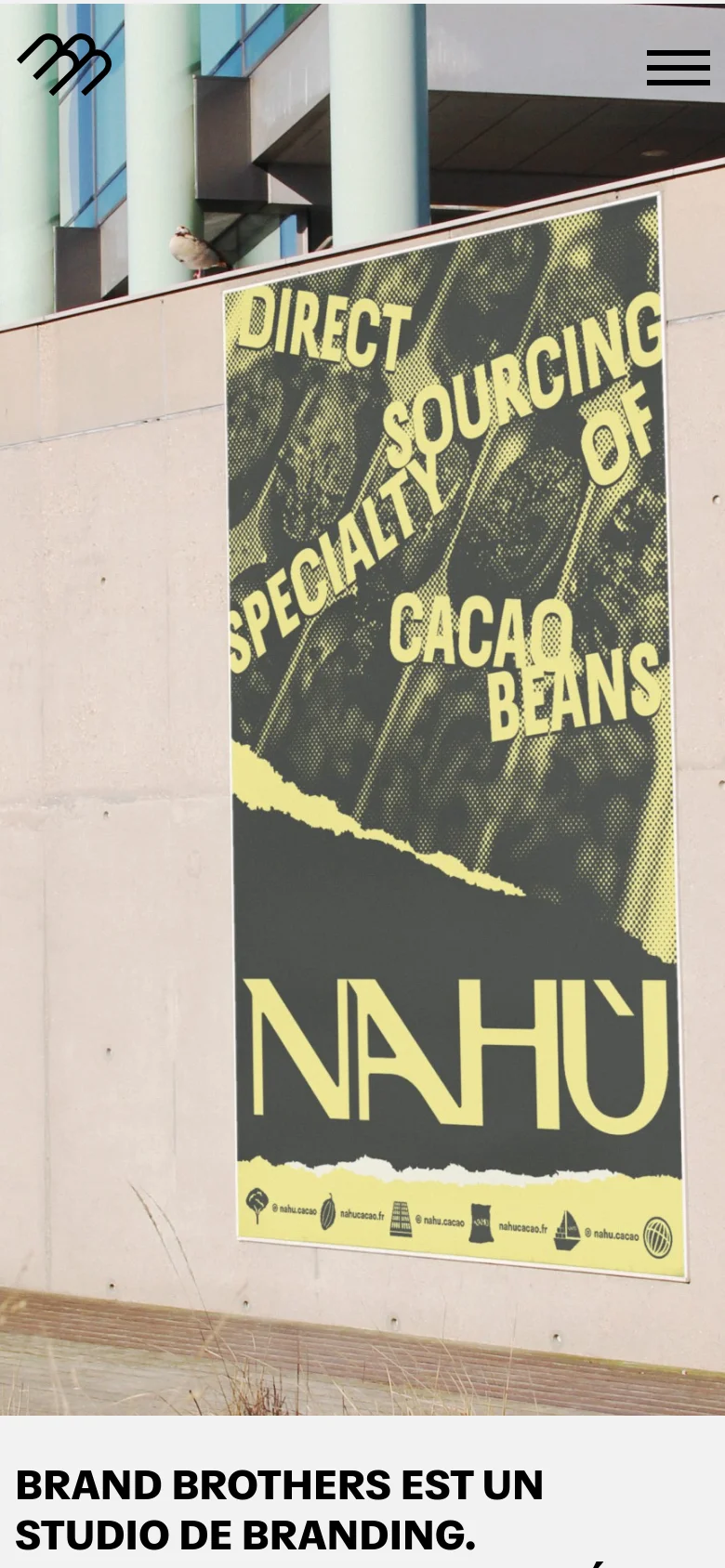 The mobile version displays a simplified layout with a large hero image of the 'NAHU' poster. The top navigation is condensed into a hamburger menu icon next to the Brand Brothers logo, and the text content is stacked vertically below the main image.