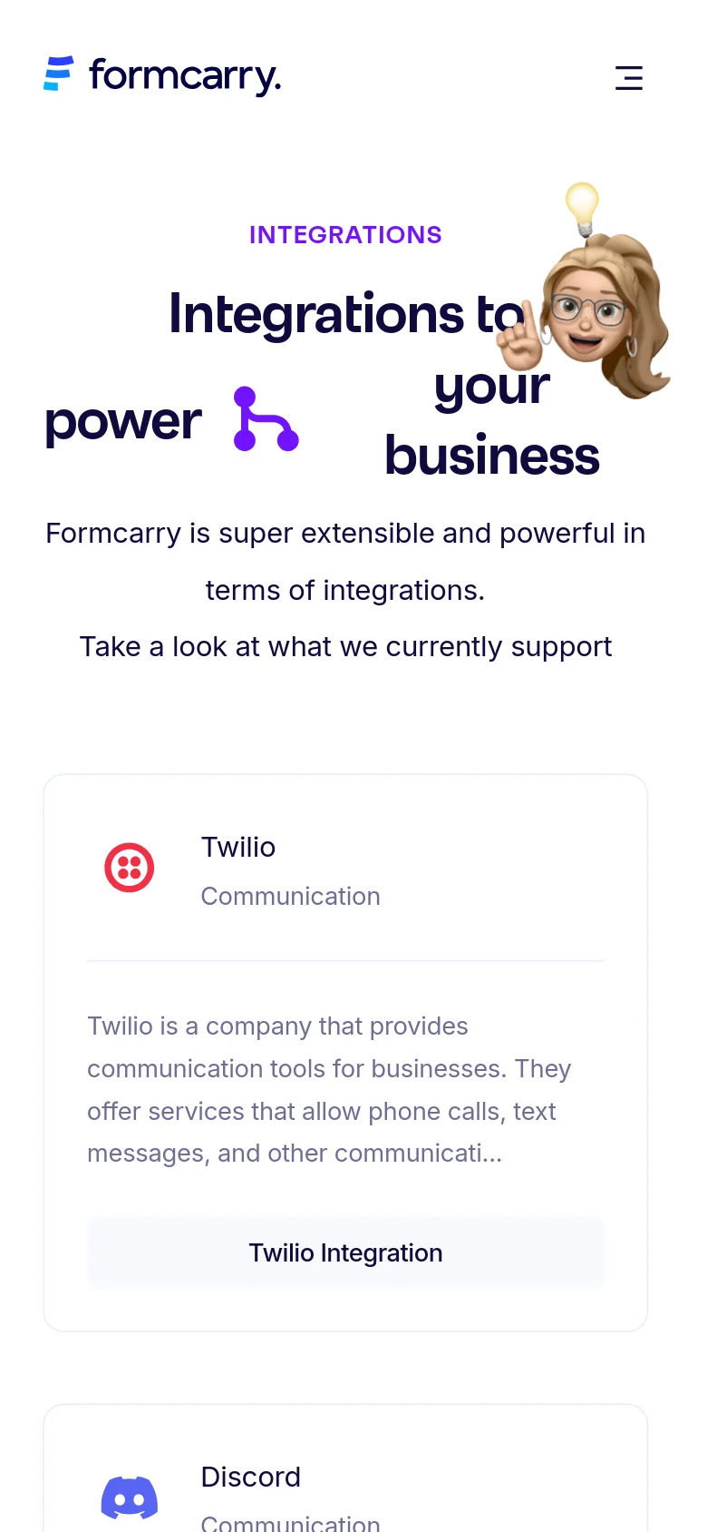 The mobile version uses a single-column layout with a simplified navigation menu. The hero section stacks the text and 3D illustration vertically, and the integration cards are arranged in a vertical list for easier scrolling.