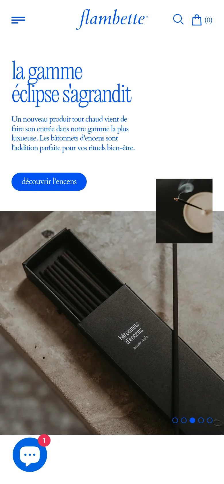 The mobile version maintains the same minimalist aesthetic and blue color palette but uses a stacked layout. The navigation menu is condensed into a hamburger icon, and the hero image of the incense sticks is positioned below the headline and call-to-action button.
