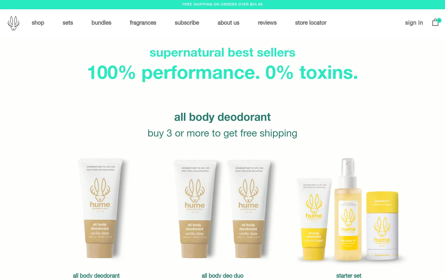 The desktop shop page features a clean white background with teal accents and a centered headline reading '100% performance. 0% toxins.' Below the hero text, a grid of product collections includes All Body Deodorant, Deodorant, Dry Body Oil, and Bundles, each with a descriptive image. Further down, individual products like the All Body Deodorant and Starter Set are displayed in a multi-column layout with prices and promotional text.