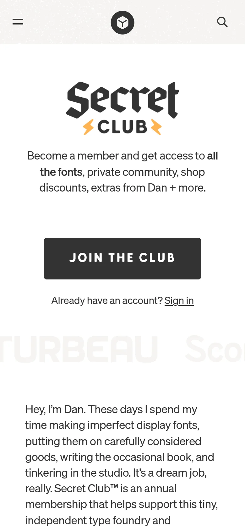 Mobile version of the Secret Club page with a simplified layout. The Secret Club logo and membership description are centered above a large 'JOIN THE CLUB' button. A hamburger menu and search icon are located in the header, and the text content flows vertically to fit the narrow screen width.