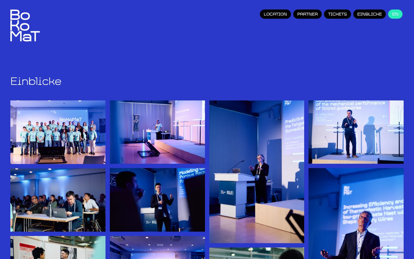 The desktop page features a bright blue background with the BoKoMaT logo in the top left and a navigation menu on the top right. Below the headline 'Einblicke', a large grid of rectangular photographs displays various conference scenes, including speakers on stages, audience members, and networking groups.