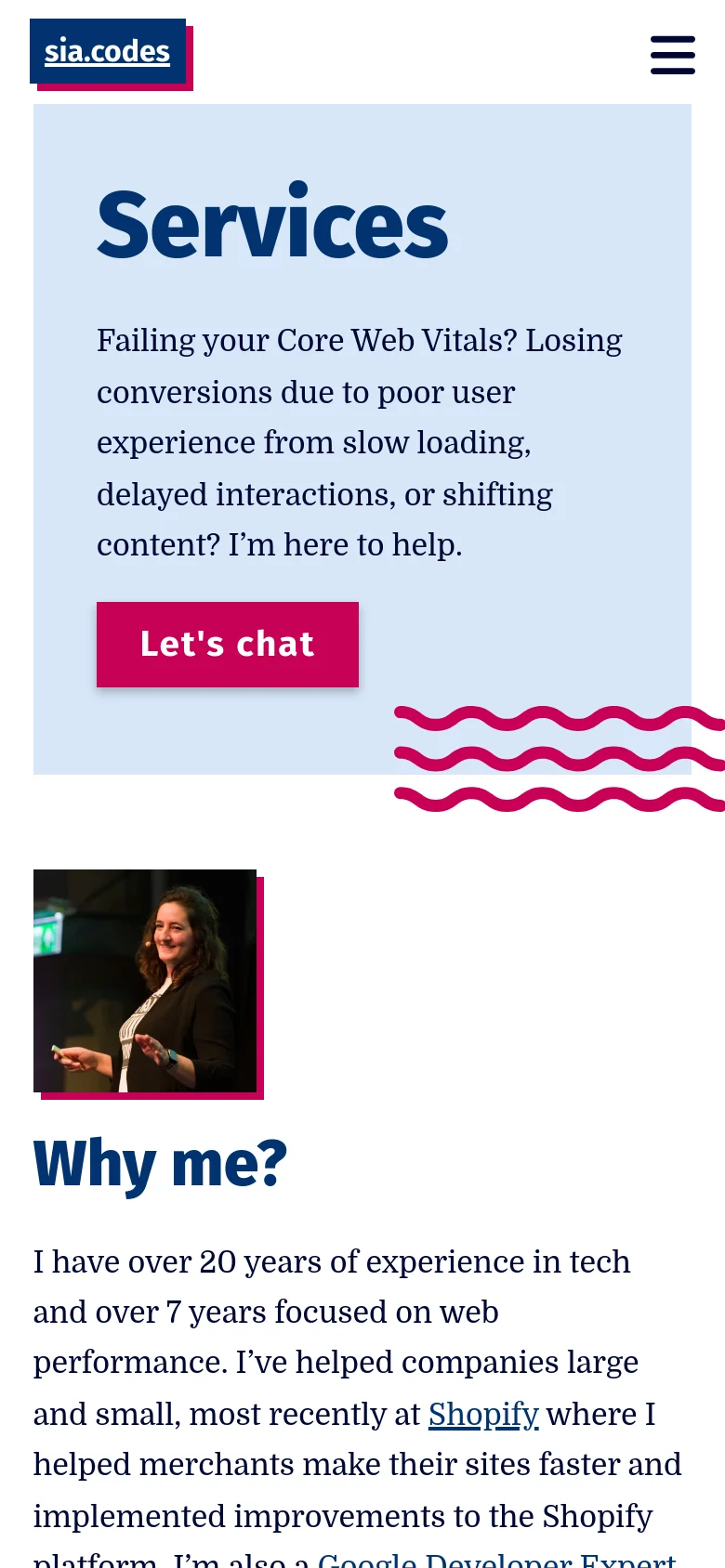 The mobile version uses a single-column layout where the light blue hero section and 'Let's chat' button span the width of the screen. The 'Why me?' section stacks the portrait image above the heading and text, and the service categories are listed vertically instead of in columns.