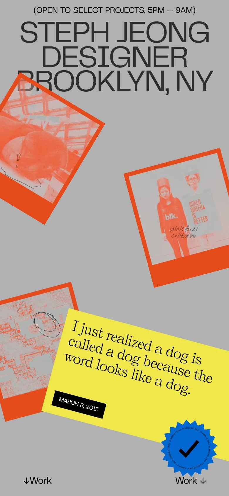 The mobile version maintains the large, bold black typography but stacks the elements vertically to fit a narrow screen. The layout is more compact, featuring overlapping orange-framed photographic elements and a yellow text box that reads 'I just realized a dog is called a dog because the word looks like a dog.' The 'Work' navigation link is positioned at the bottom of the screen.