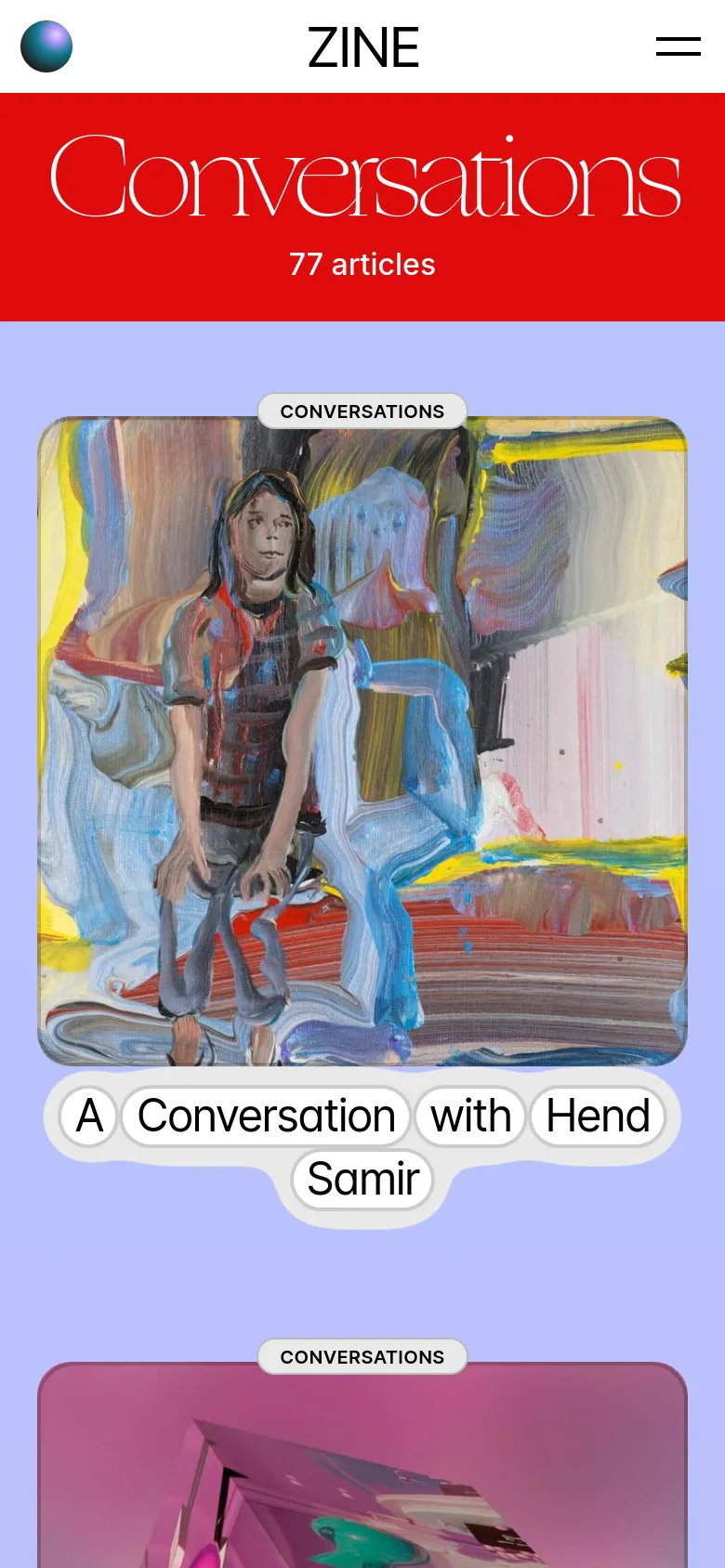 The mobile view presents a single-column vertical layout of the article cards on a lavender background. The large red header with the 'Conversations' title remains at the top, but the grid is simplified to show one large article card at a time to fit the narrow screen.