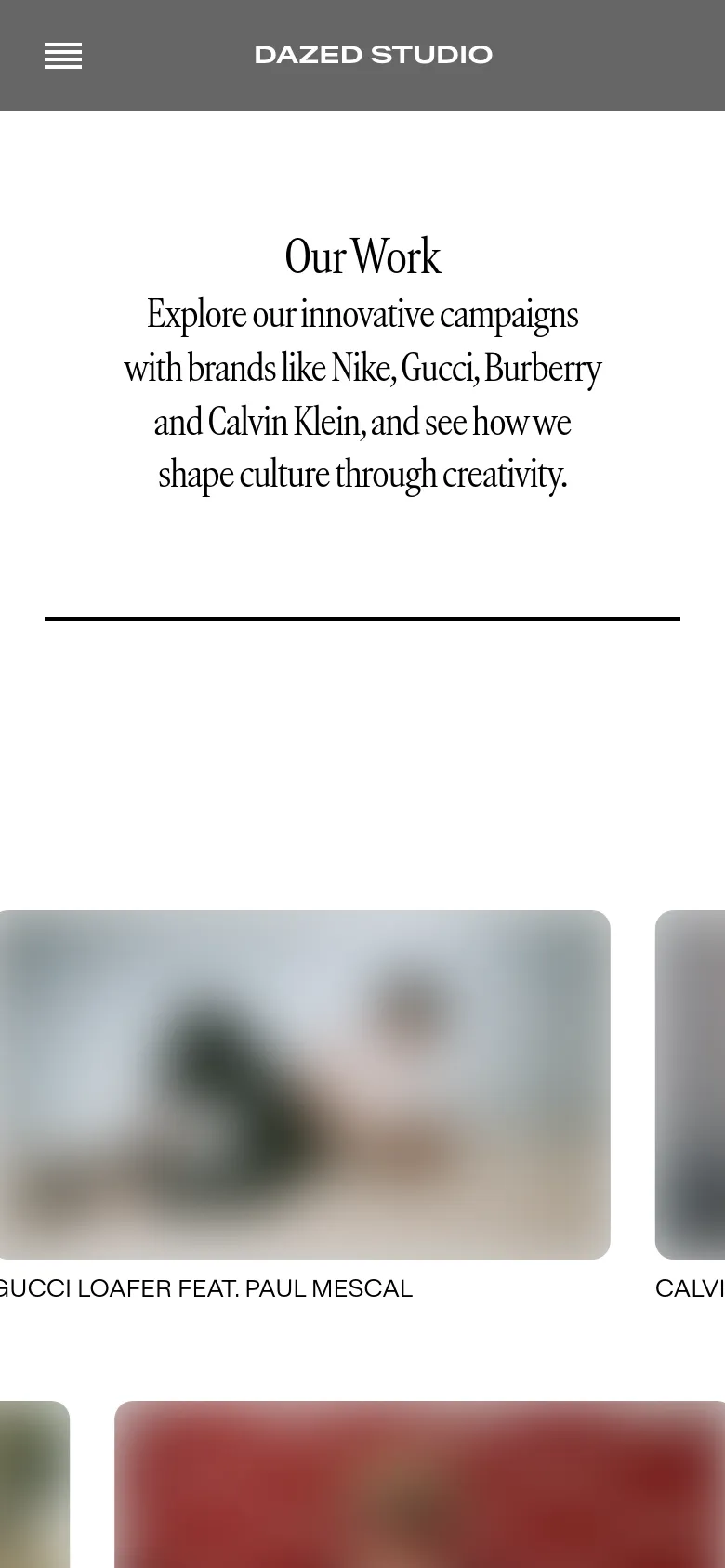 The mobile version maintains the clean white aesthetic and serif typography but stacks the content vertically. The project grid transitions from multiple columns to a single-column layout, showing large project images one after another with their respective titles below.