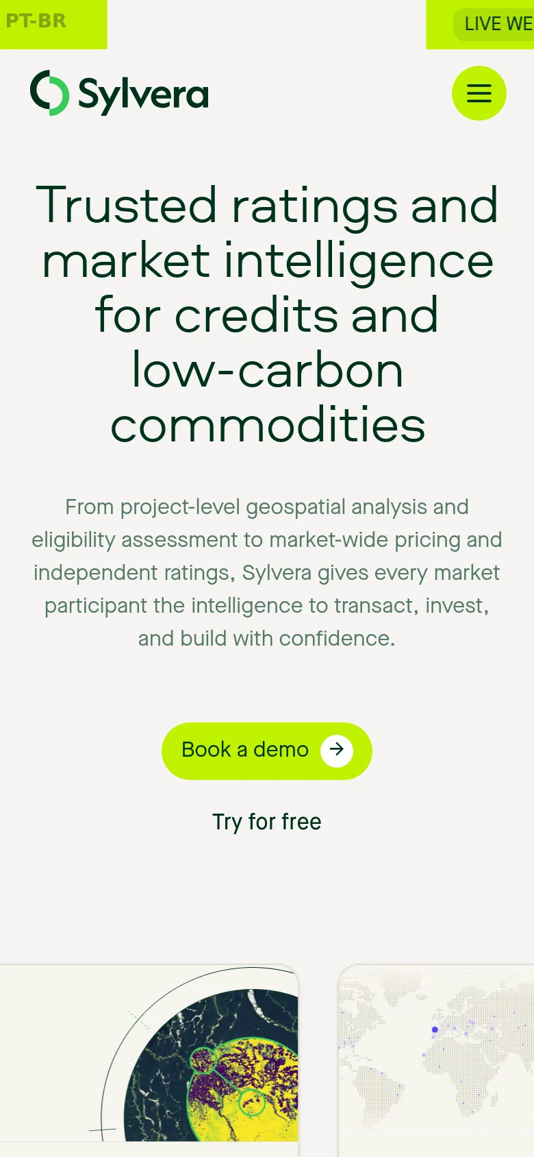 The mobile version presents a simplified vertical layout with a hamburger menu icon in the top right and the Sylvera logo on the left. The hero text is centered and stacked, followed by the lime green 'Book a demo' button and 'Try for free' link. Feature cards are displayed in a single-column or grid format below the main call to action.