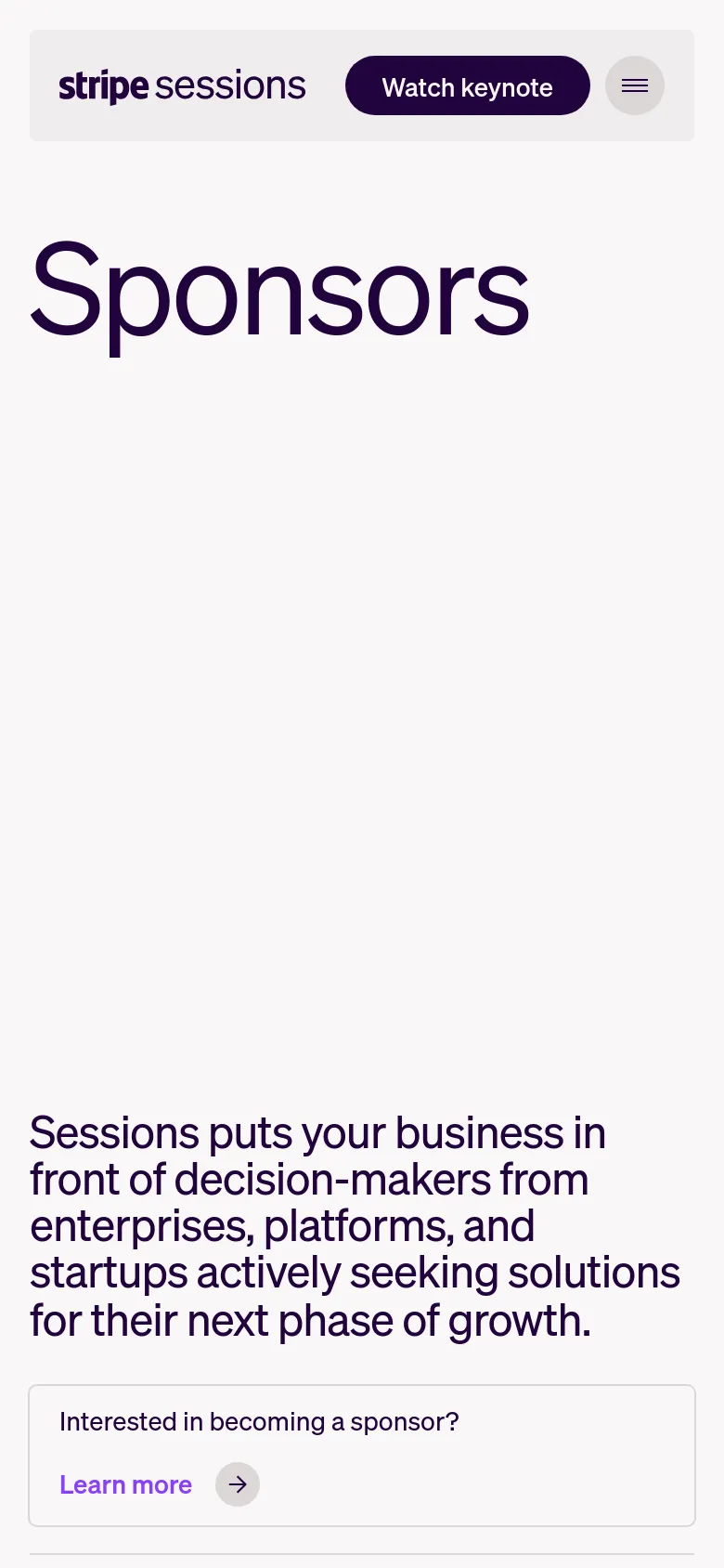 The mobile version simplifies the layout, stacking the 'Sponsors' headline and descriptive text vertically. The top navigation is condensed into a hamburger menu icon next to the logo and a 'Watch keynote' button. The 'Learn more' call-to-action is presented as a prominent, wide button near the bottom of the visible screen.
