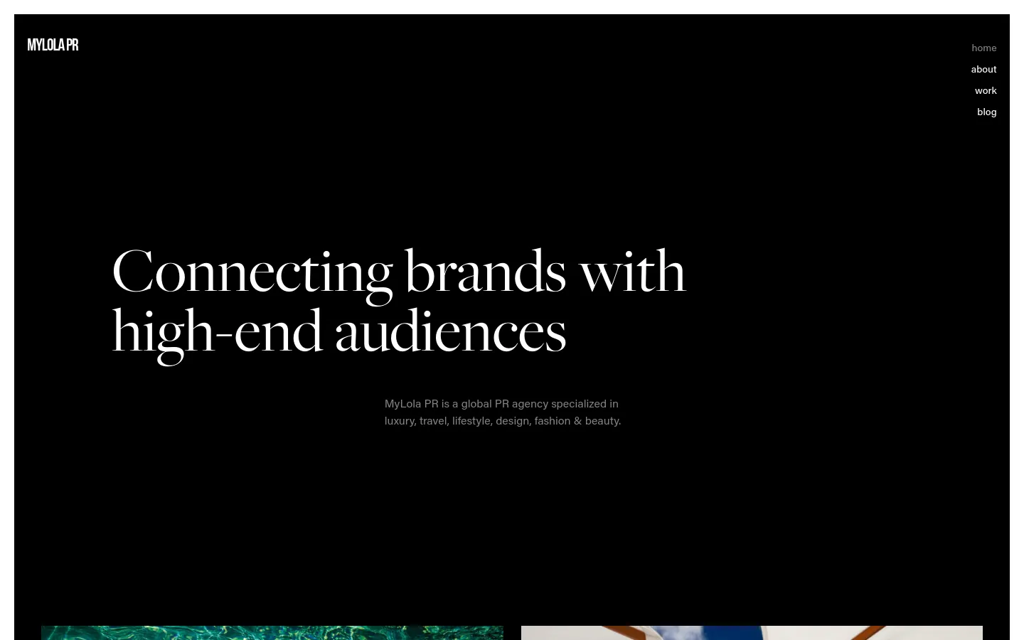 The desktop homepage features a minimalist dark theme with white serif typography. A large headline reads 'Connecting brands with high-end audiences' centered over a black background, with a small subtext description below and a navigation menu in the top right corner. The layout is spacious and elegant, transitioning into a section with colorful imagery at the bottom.