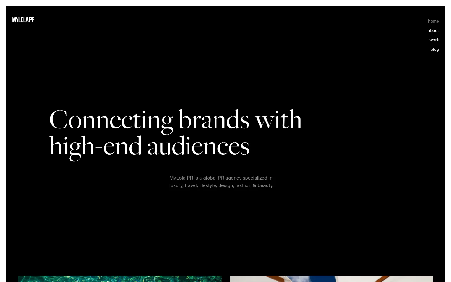 The desktop homepage features a minimalist dark theme with white serif typography. A large headline reads 'Connecting brands with high-end audiences' centered over a black background, with a small subtext description below and a navigation menu in the top right corner. The layout is spacious and elegant, transitioning into a section with colorful imagery at the bottom.