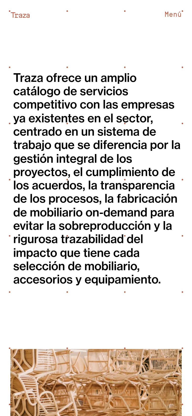 The mobile version presents a single-column vertical layout optimized for small screens. The large introductory text is stacked vertically, and the service sections appear one after another, starting with a large image of woven furniture above the text.