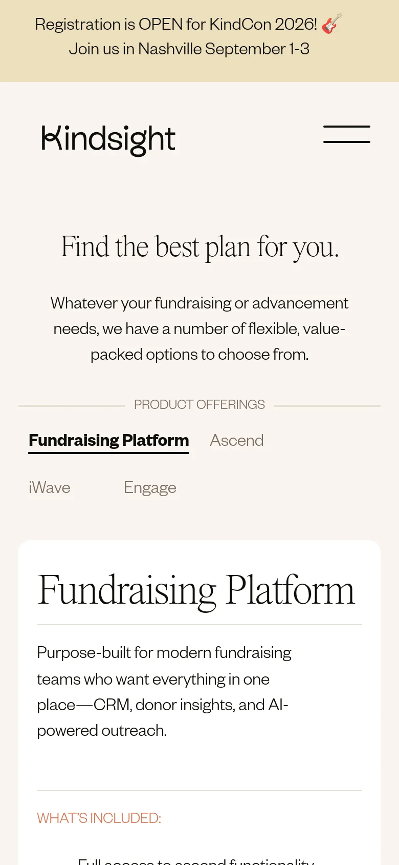 The mobile version maintains the cream and dark text color scheme but uses a simplified layout. The top navigation is condensed into a hamburger menu icon, and the product offerings menu is stacked vertically above the main content card to fit the narrow screen width.