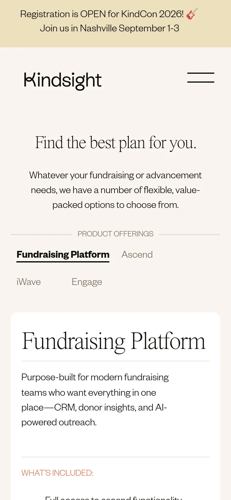 The mobile version maintains the cream and dark text color scheme but uses a simplified layout. The top navigation is condensed into a hamburger menu icon, and the product offerings menu is stacked vertically above the main content card to fit the narrow screen width.