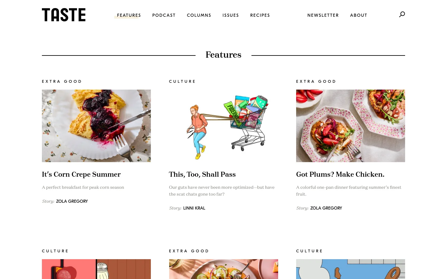 The desktop Features archive page for TASTE magazine displays a clean, white layout with a centered 'Features' heading. Below, a grid of articles includes large food photography and illustrations, each accompanied by a category label, headline, short description, and author name. The navigation menu at the top includes links for Features, Podcast, Columns, Issues, Recipes, Newsletter, and About.