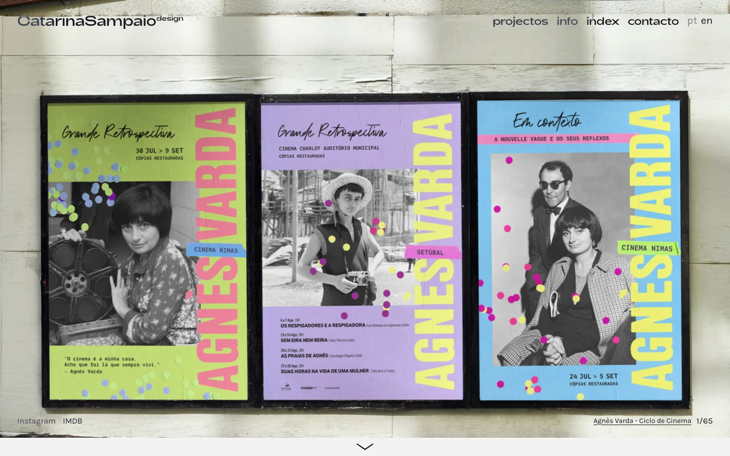 The desktop homepage features a minimalist white header with the name 'Catarina Sampaio design' on the left and navigation links on the right. The main content displays a large, high-quality hero image of three framed film posters for an Agnès Varda retrospective, set against a rustic white wooden wall. A bottom navigation bar includes links to Instagram and IMDB, alongside a page counter.