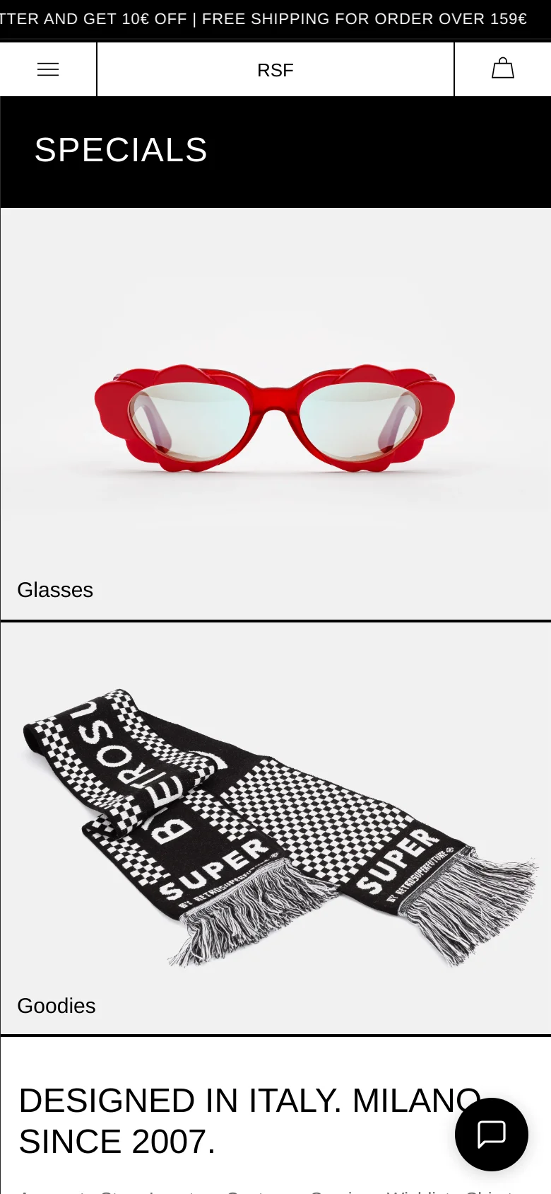 The mobile version uses a vertical layout with a condensed header featuring a hamburger menu, the 'RSF' logo, and a shopping bag icon. The 'SPECIALS' title is centered on a black background, followed by stacked full-width image tiles for 'Glasses' and 'Goodies' on a light grey background.