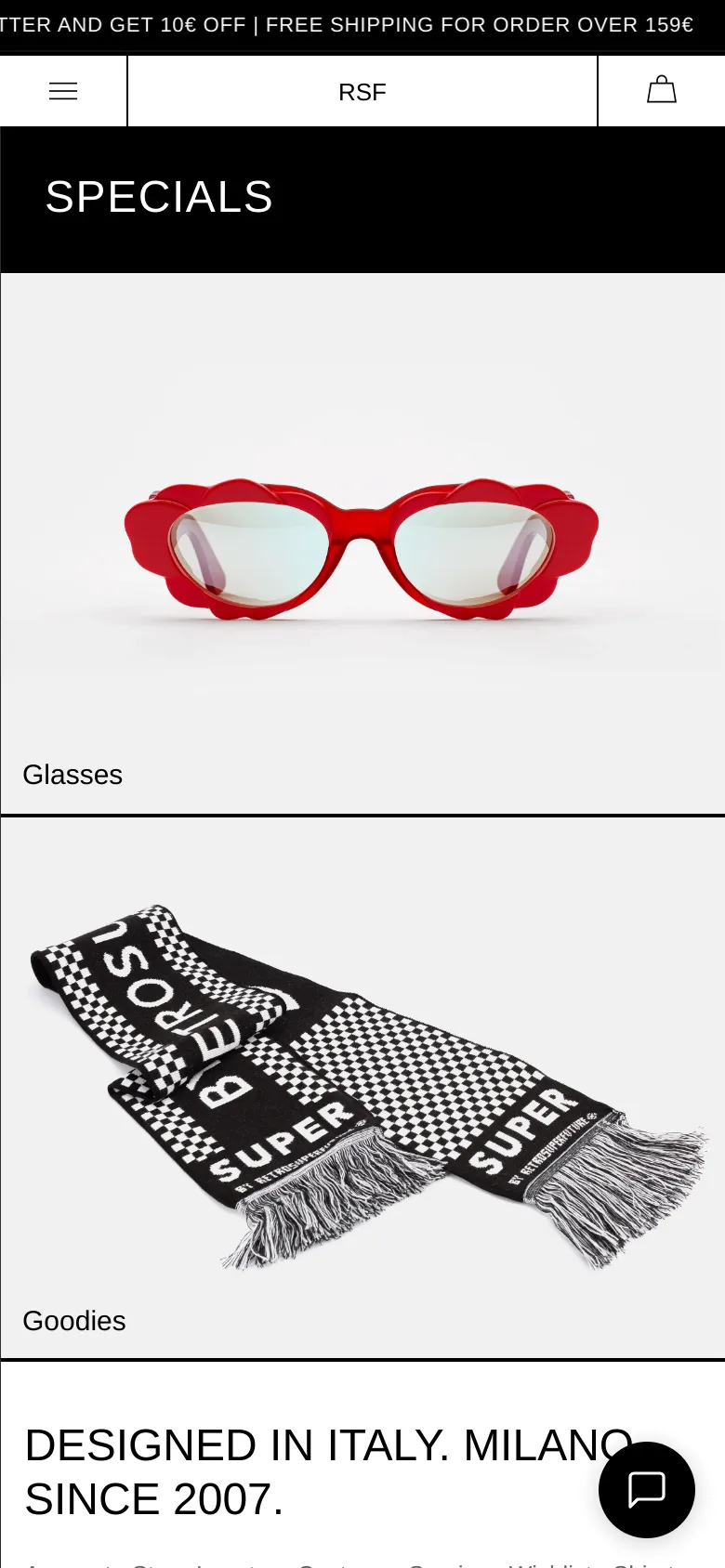 The mobile version uses a vertical layout with a condensed header featuring a hamburger menu, the 'RSF' logo, and a shopping bag icon. The 'SPECIALS' title is centered on a black background, followed by stacked full-width image tiles for 'Glasses' and 'Goodies' on a light grey background.