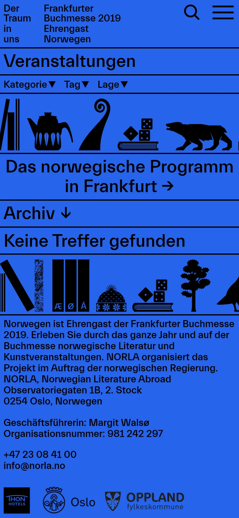 The mobile version maintains the blue color scheme and large typography but stacks elements vertically for a narrower view. The navigation menu is condensed into a hamburger icon, and the decorative silhouette banner is scaled down to fit the screen width. The call-to-action and footer information are arranged in a single-column layout for easier scrolling.