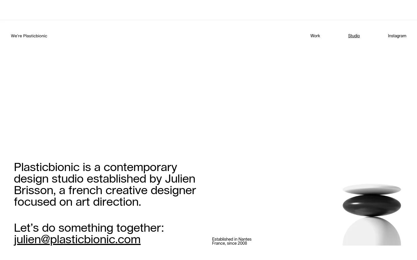 The desktop Studio page features a minimalist white layout with large, black sans-serif typography. A hero section displays a brief studio description and contact email alongside a 3D rendered abstract object in grayscale. The navigation menu is positioned at the top, and the page content includes lists of expertise, representation, and a large client directory.