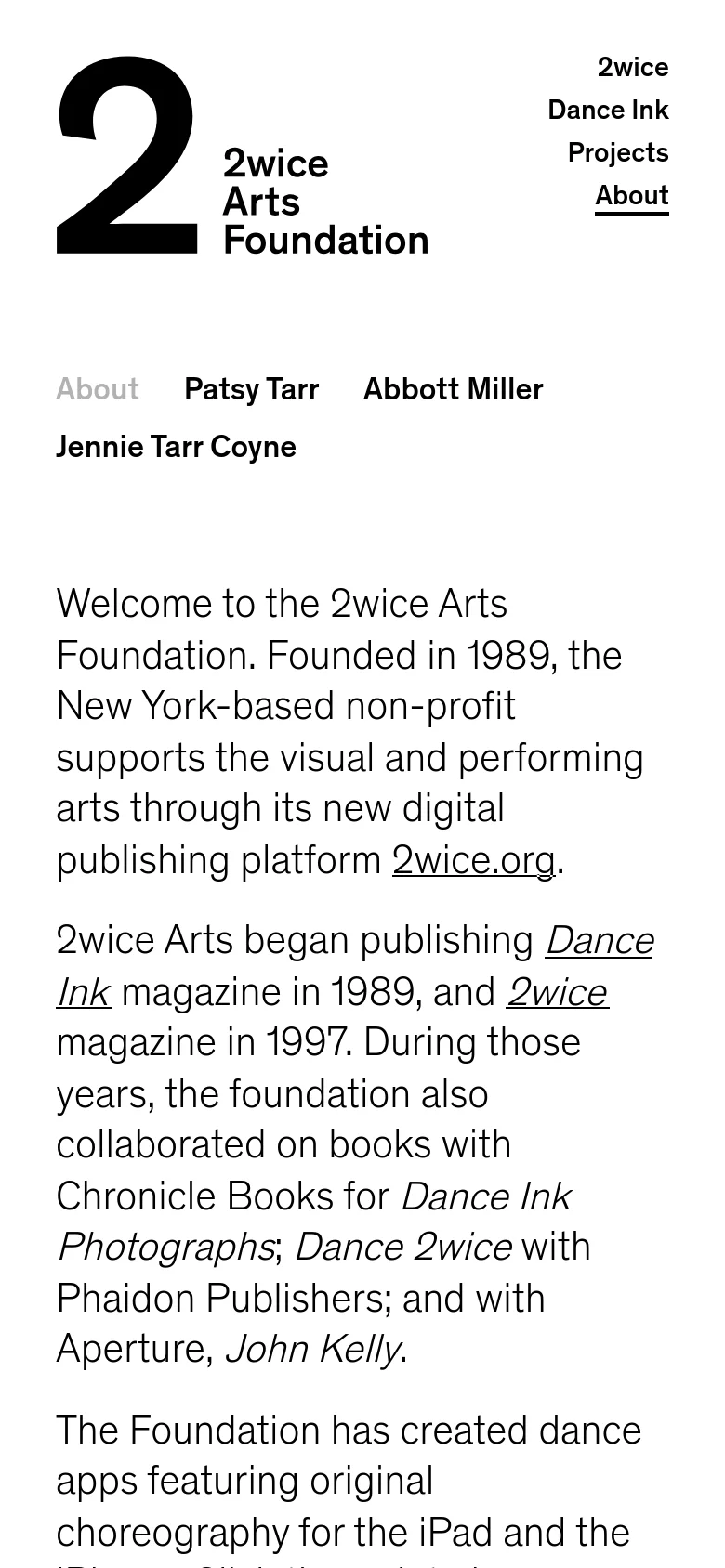 The mobile version maintains the minimalist white and black aesthetic but reorganizes the layout for a vertical screen. The large '2' logo and foundation name are centered at the top, followed by a stacked navigation menu on the right. The primary text content is centered and flows in a single column for easier reading on a handheld device.